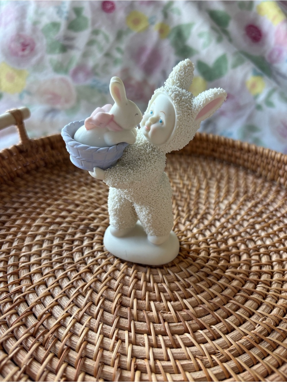 Department 56 White Bunny Costume Figurine with Pastel Purple Basket and a Bow